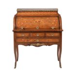 Y A FRENCH KINGWOOD, TULIPWOOD, AND MARQUETRY INLAID BUREAU A CYLINDRE