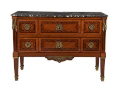 A FRENCH WALNUT, INLAID, AND MARBLE TOPPED COMMODE