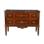 A FRENCH WALNUT, INLAID, AND MARBLE TOPPED COMMODE