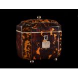 Y A GEORGE III TORTOISESHELL AND IVORY STRUNG TEA CADDY