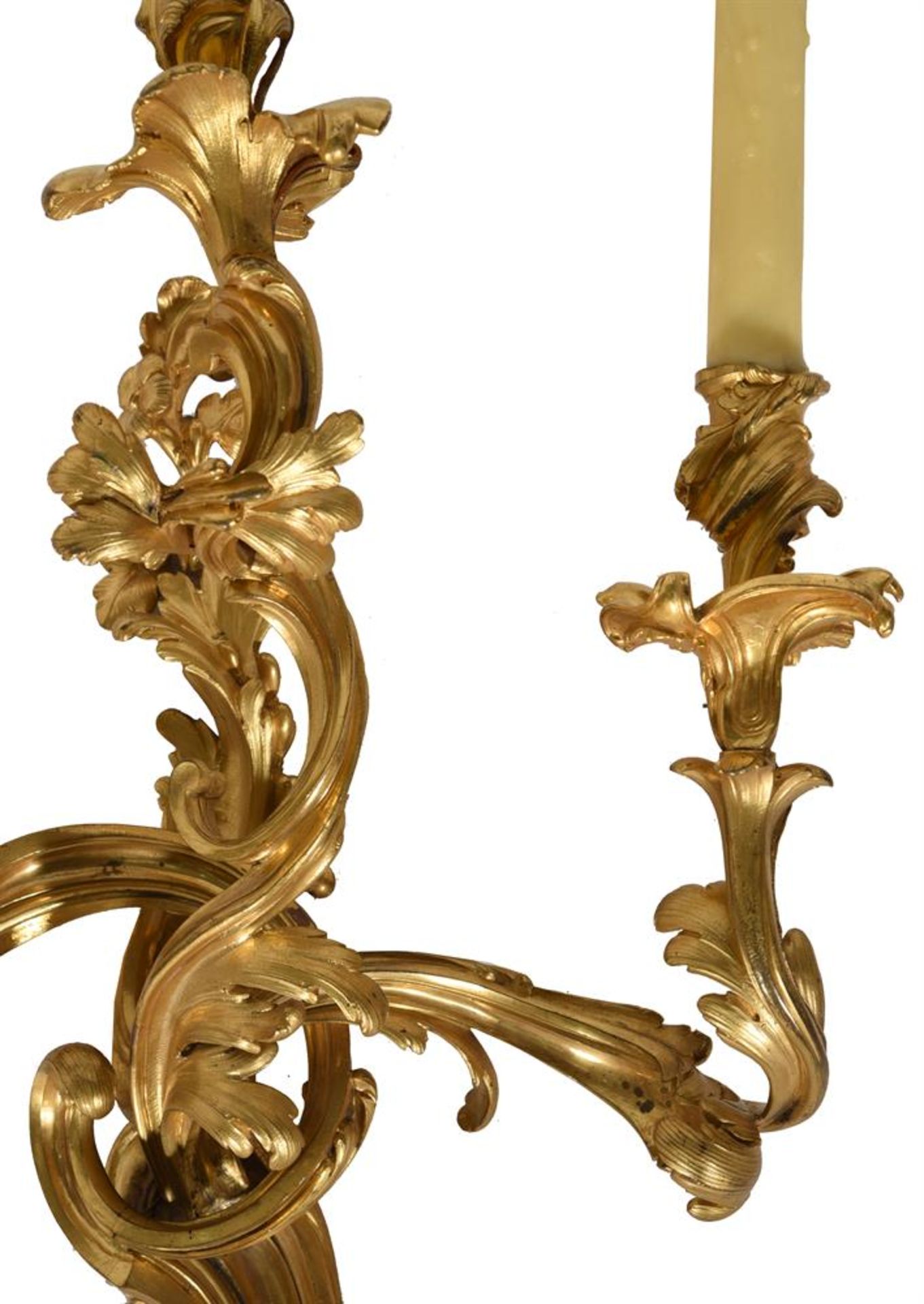 A NEAR SET OF FOUR LOUIS XV ORMOLU THREE BRANCH WALL LIGHTS, MID 18TH CENTURY - Image 6 of 7