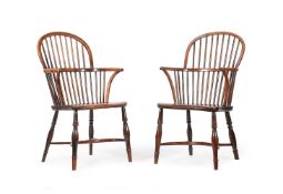 A PAIR OF YEW AND ELM STICK BACK WINDSOR ARMCHAIRS, EARLY 19TH CENTURY