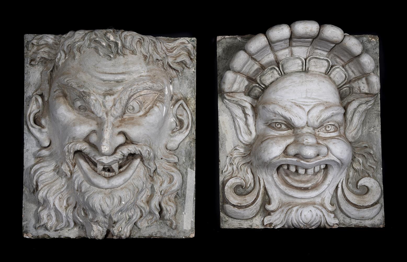 A PAIR OF PLASTER MASK PANELS, POSSIBLY ITALIAN, EARLY 20TH CENTURY