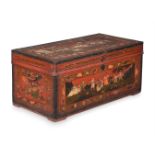 A CHINESE EXPORT POLYCHROME PAINTED LEATHER AND CAMPHORWOOD TRUNK OR CHEST, MID 19TH CENTURY