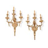 A LARGE PAIR OF FRENCH ORMOLU THREE BRANCH WALL SCONCES, 19TH CENTURY