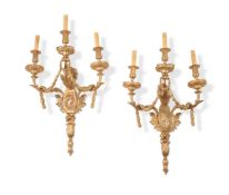 A LARGE PAIR OF FRENCH ORMOLU THREE BRANCH WALL SCONCES, 19TH CENTURY