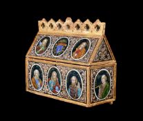 A GILTWOOD AND ENAMEL SET CHASSE OR CASKET, IN THE 16TH CENTURY LIMOGES MANNER