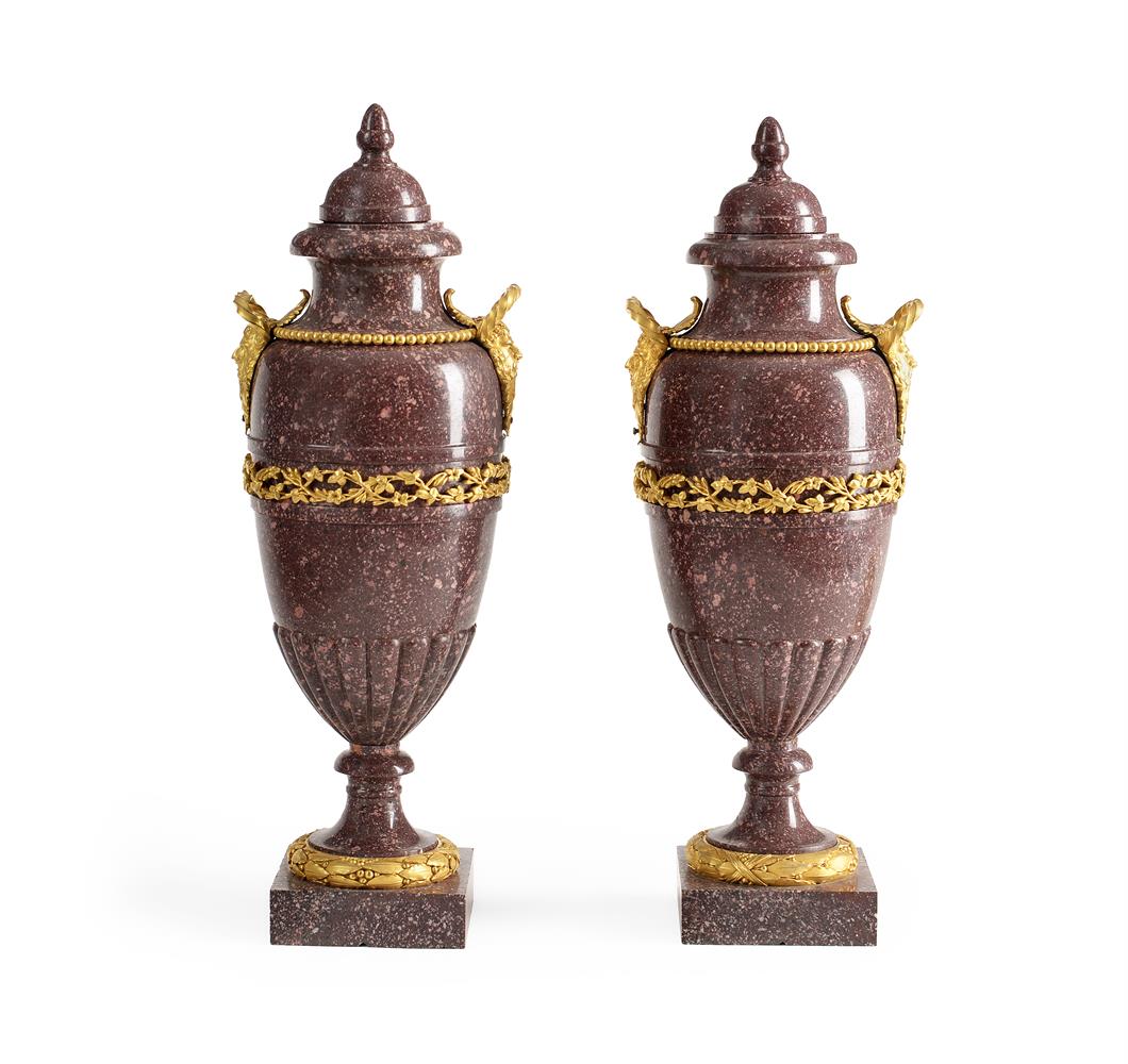 A PAIR OF FRENCH PORPHYRY AND ORMOLU MOUNTED LIDDED VASES, IN NEOCLASSICAL STYLE - Image 3 of 8