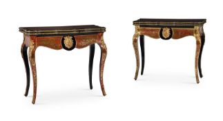 Y A PAIR OF NAPOLEON III SCARLET TORTOISESHELL & BRASS MARQUETRY CARD TABLES