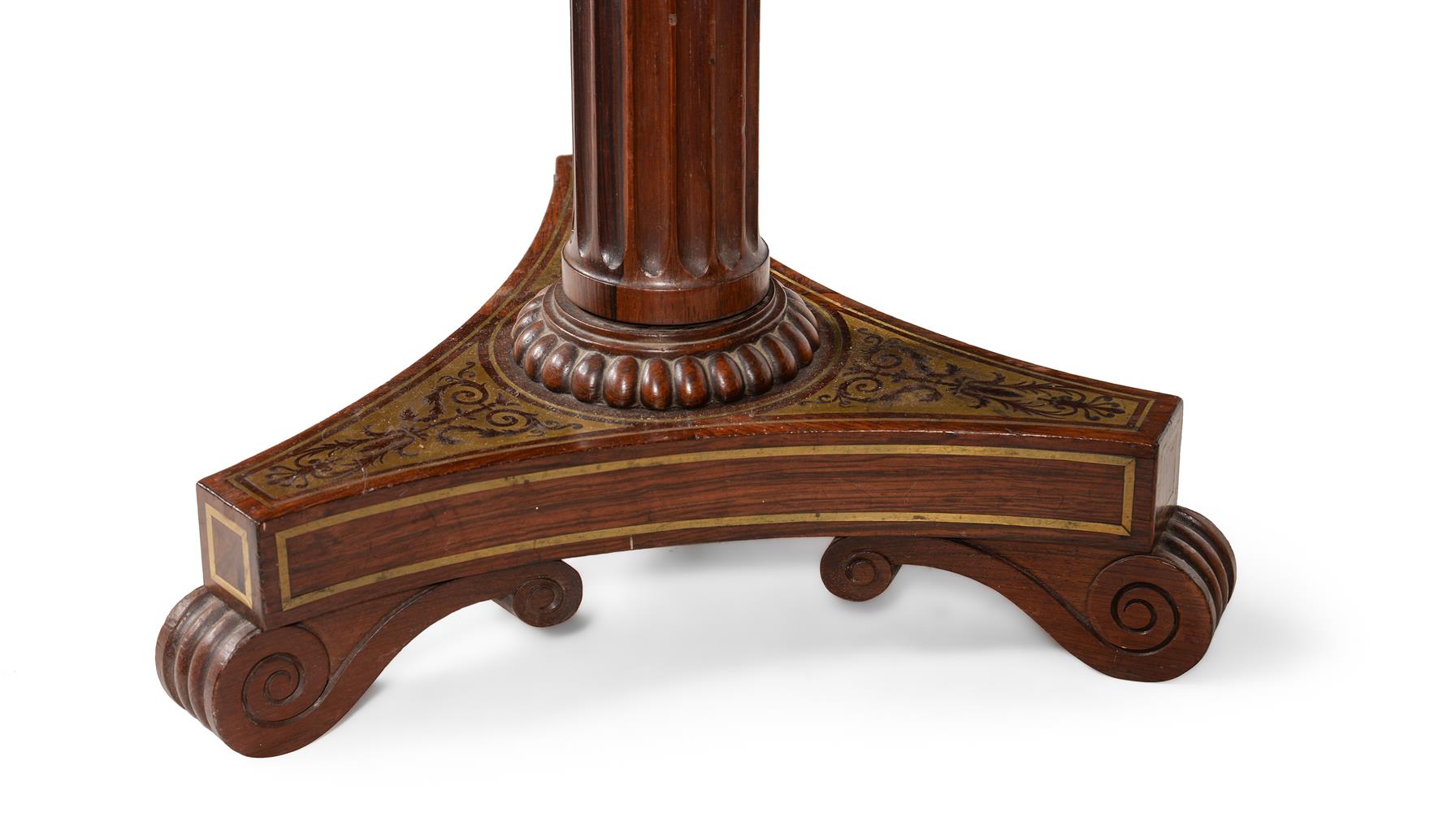 Y A PAIR OF GEORGE IV ROSEWOOD AND BRASS MARQUETRY POLE SCREENS, IN THE MANNER OF GILLOWS, CIRCA 182 - Image 2 of 5