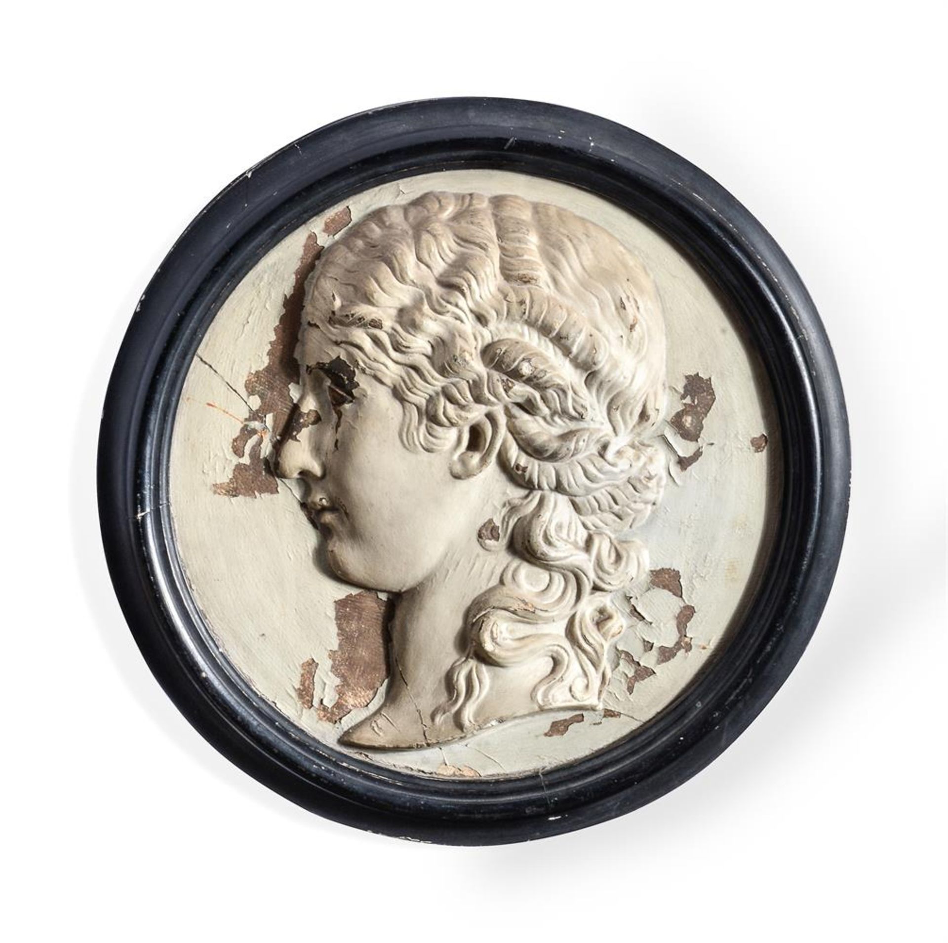 A PAINTED PLASTER ROUNDEL WITH CLASSICAL FEMALE PROFILE RELIEF, PROBABLY EARLY 19TH CENTURY