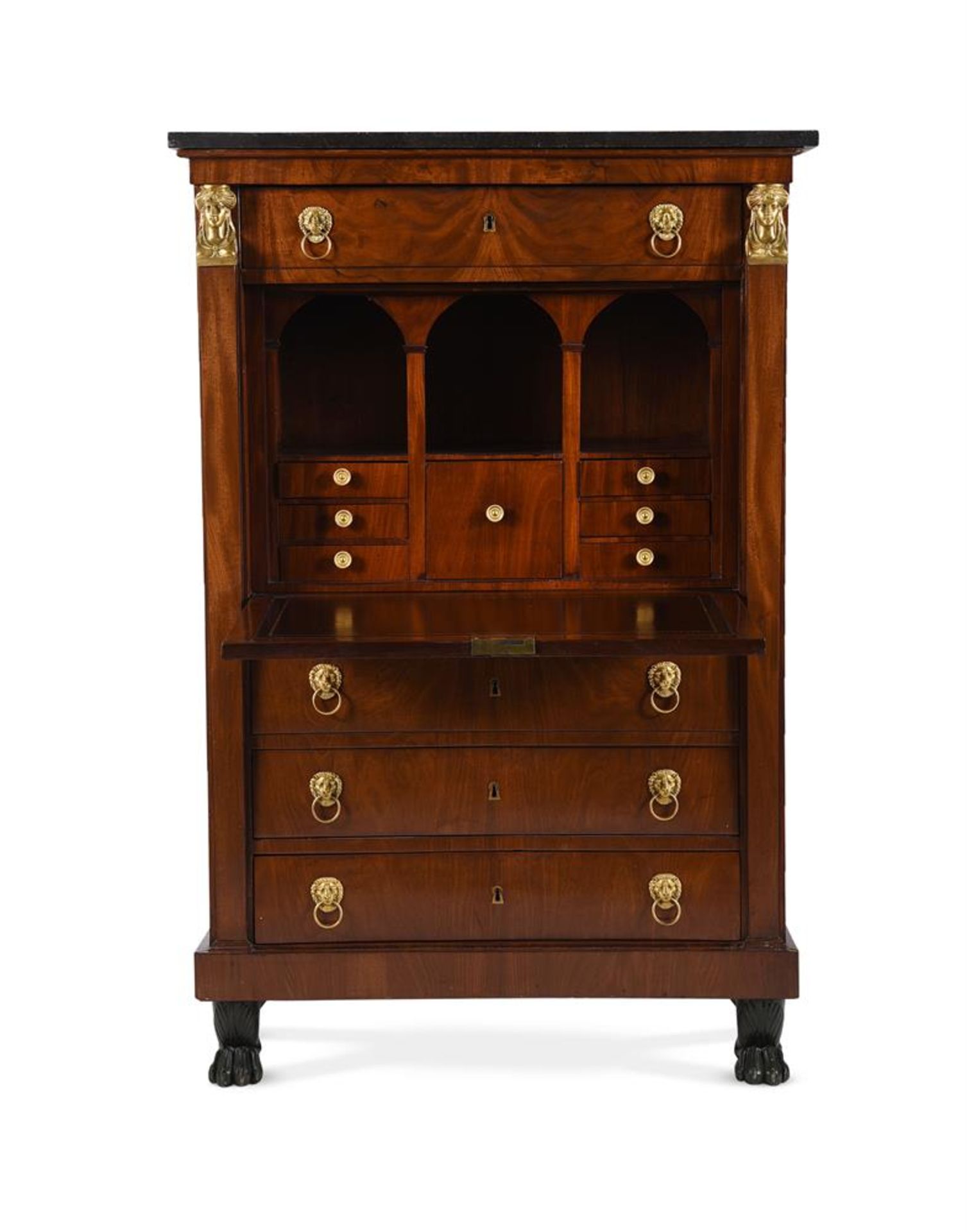 AN EMPIRE MAHOGANY, GILT METAL MOUNTED AND MARBLE TOPPED SECRETAIRE ABBATTANT AND COMMODE EN SUITE - Image 2 of 10