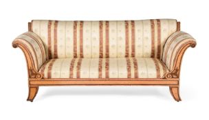 A GEORGE IV 'BIRD'S EYE' MAPLE, CARVED OAK AND UPHOLSTERED SOFA, CIRCA 1830