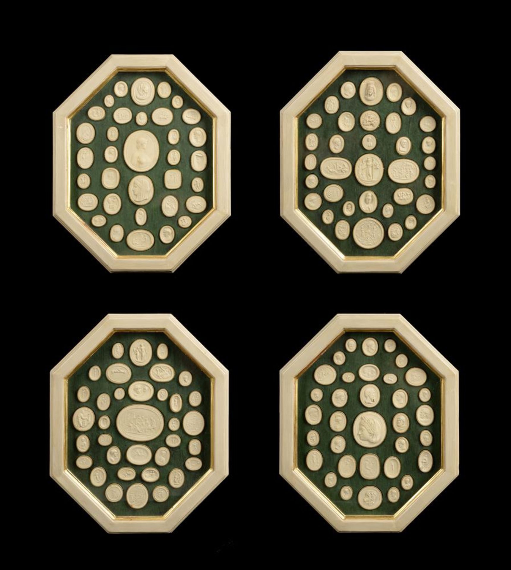 A SET OF FOUR FRAMED SETS OF PLASTER IMPRONTE OR INTAGLIOS, EARLY 19TH CENTURY