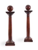A PAIR OF MAHOGANY TABLE 'TUSCAN' COLUMNS WITH SPHERICAL FINIALS, 19TH CENTURY