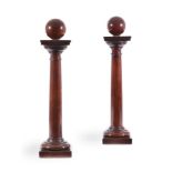 A PAIR OF MAHOGANY TABLE 'TUSCAN' COLUMNS WITH SPHERICAL FINIALS, 19TH CENTURY