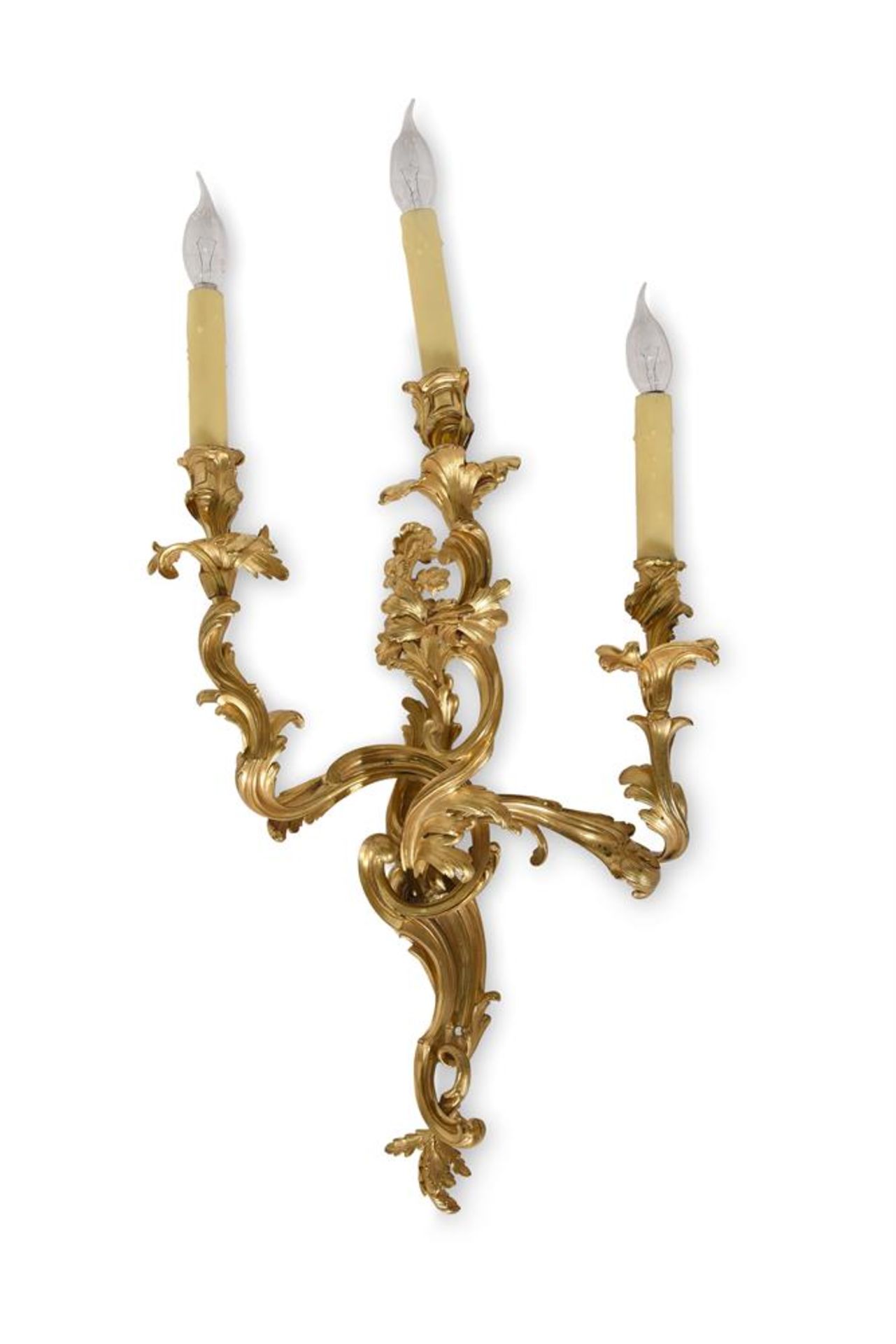 A NEAR SET OF FOUR LOUIS XV ORMOLU THREE BRANCH WALL LIGHTS, MID 18TH CENTURY - Image 4 of 7