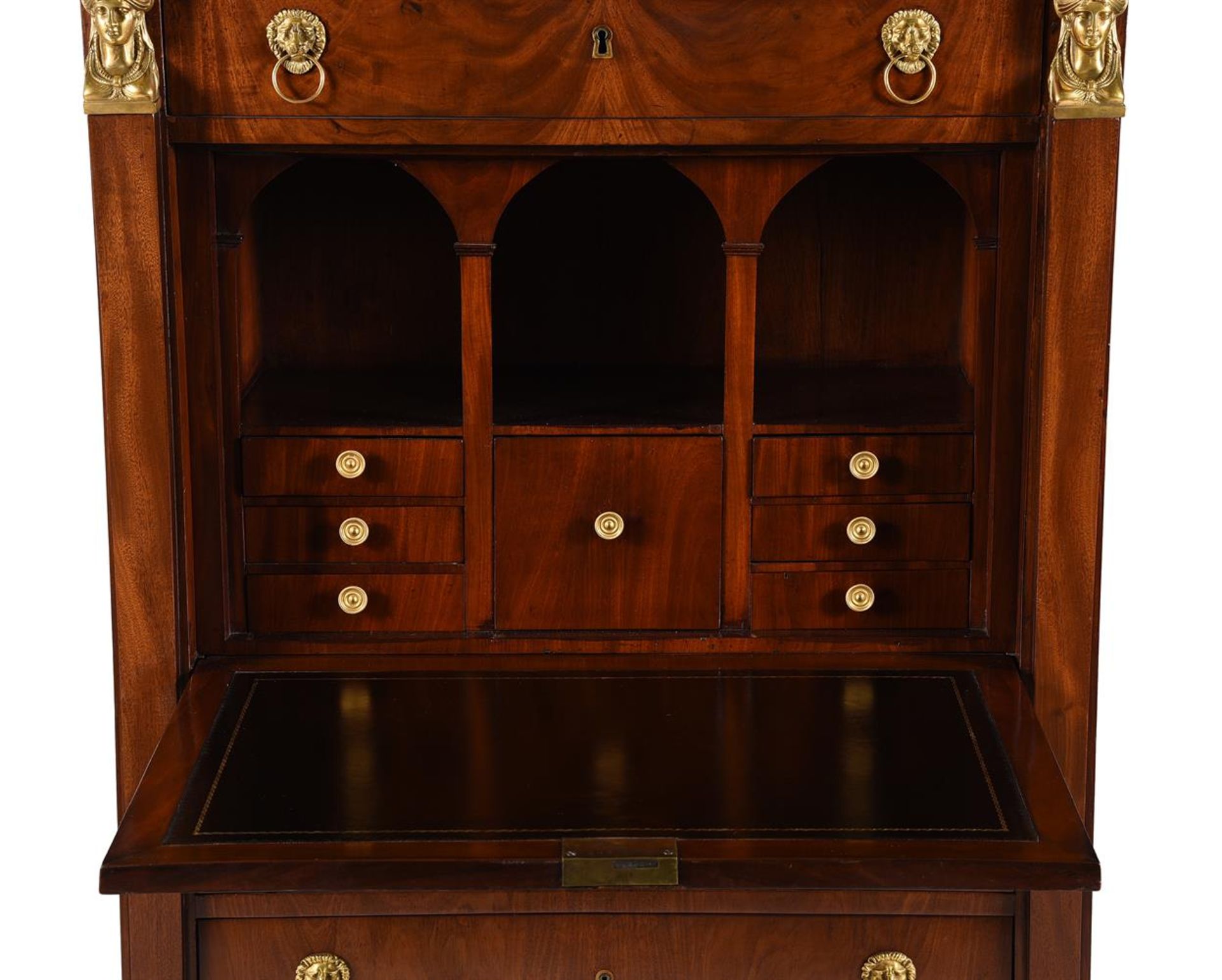 AN EMPIRE MAHOGANY, GILT METAL MOUNTED AND MARBLE TOPPED SECRETAIRE ABBATTANT AND COMMODE EN SUITE - Image 7 of 10