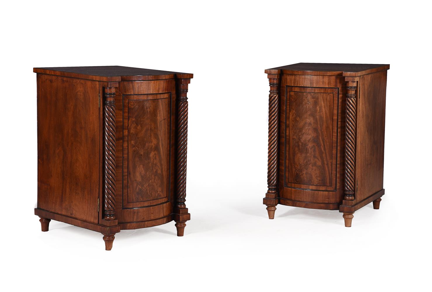 A PAIR OF WILLIAM IV MAHOGANY AND EBONISED SIDE CUPBOARDS, IN THE MANNER OF GILLOWS, CIRCA 1835