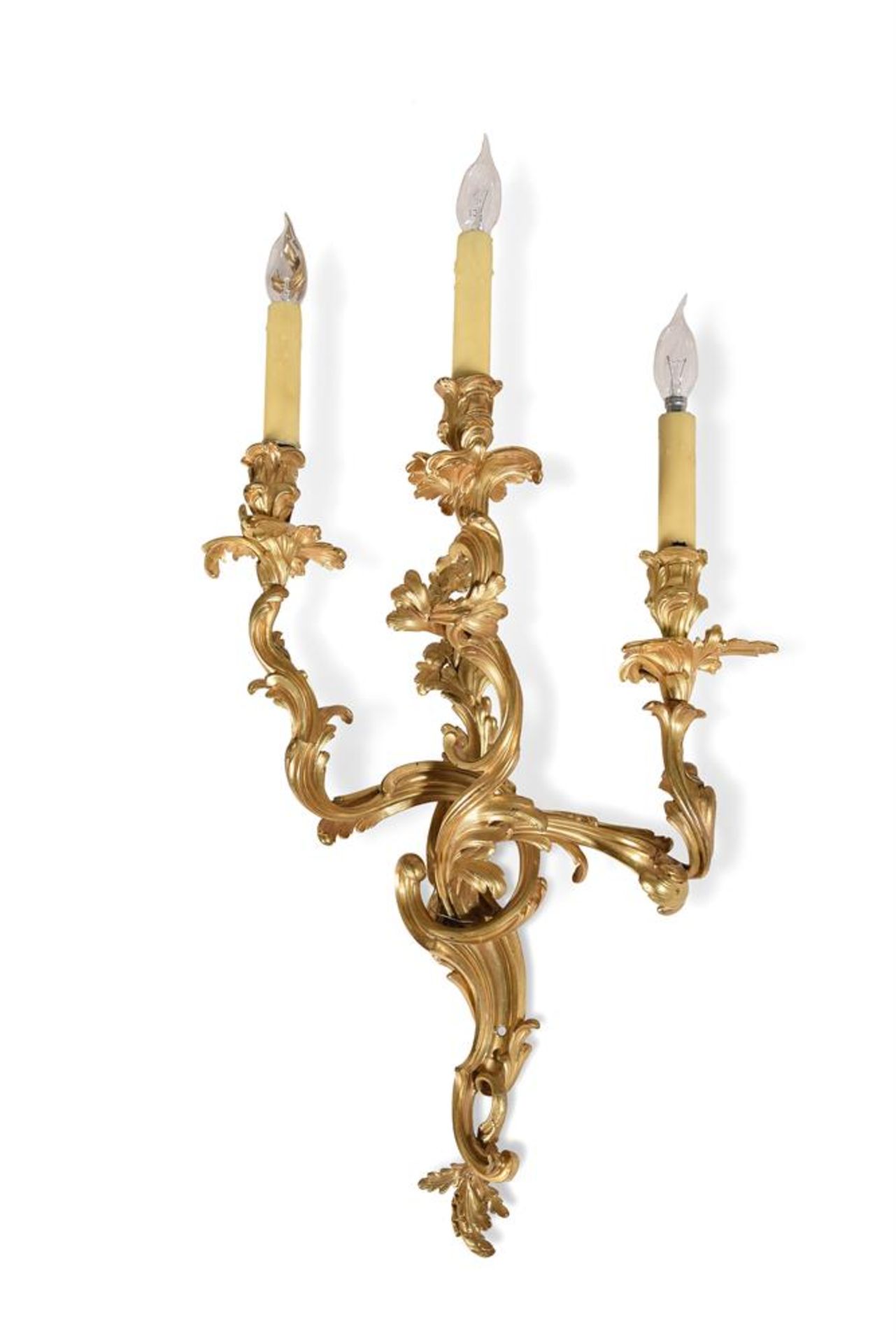 A NEAR SET OF FOUR LOUIS XV ORMOLU THREE BRANCH WALL LIGHTS, MID 18TH CENTURY - Image 5 of 7