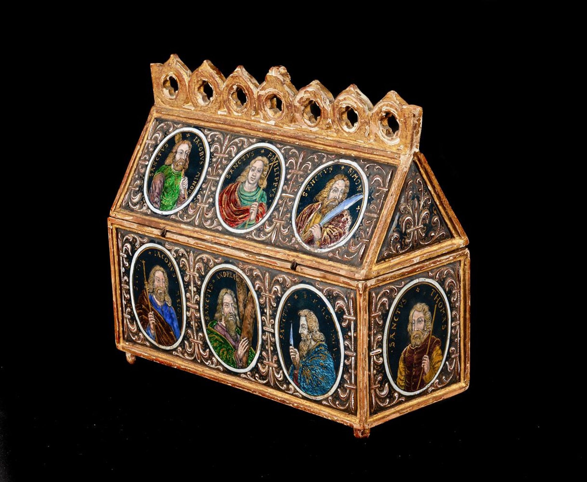 A GILTWOOD AND ENAMEL SET CHASSE OR CASKET, IN THE 16TH CENTURY LIMOGES MANNER - Image 2 of 8