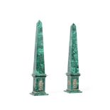 A PAIR OF MALACHITE AND GILT METAL MOUNTED OBELISKS, IN EARLY 19TH CENTURY STYLE