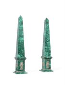 A PAIR OF MALACHITE AND GILT METAL MOUNTED OBELISKS, IN EARLY 19TH CENTURY STYLE