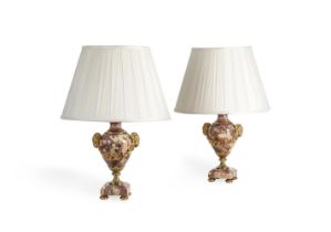 A PAIR OF PORTASANTA AND GILT METAL MOUNTED TABLE LAMPS, LATE 19TH/EARLY 20TH CENTURY