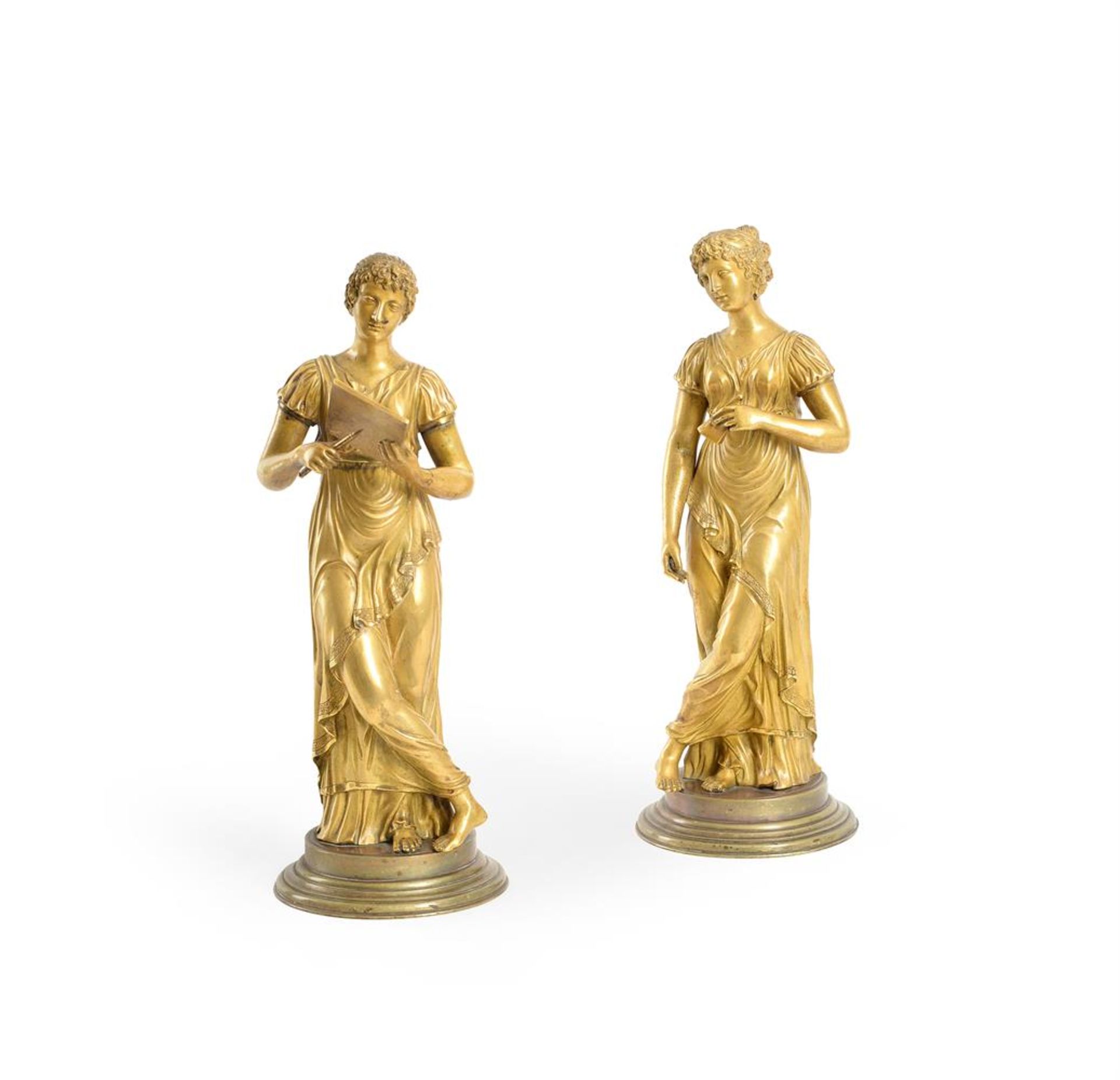 A PAIR OF GILT BRONZE FIGURES EMBLEMATIC OF THE MUSES OF THE ARTS, FRENCH