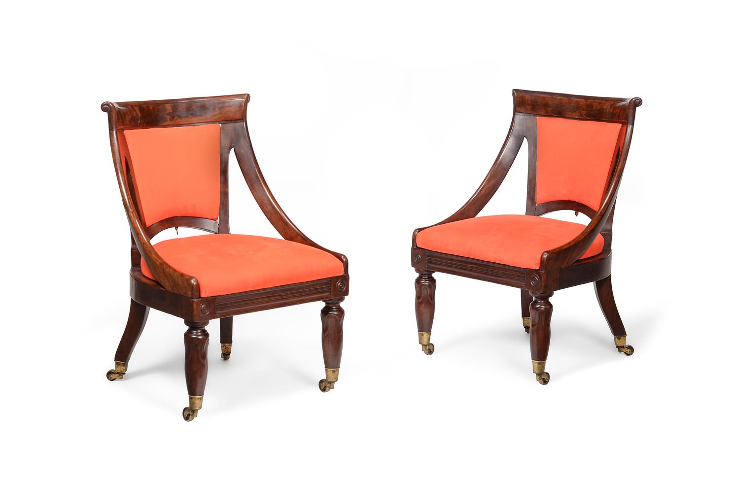 A PAIR OF MAHOGANY 'CURRICLE' CHAIRS, CIRCA 1820 AND LATER