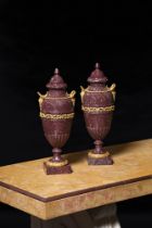 A PAIR OF FRENCH PORPHYRY AND ORMOLU MOUNTED LIDDED VASES, IN NEOCLASSICAL STYLE