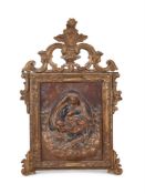 A GILT FRAMED, CARVED AND POLYCHROME PAINTED RELIGIOUS PANEL, ITALIAN, 18TH CENTURY