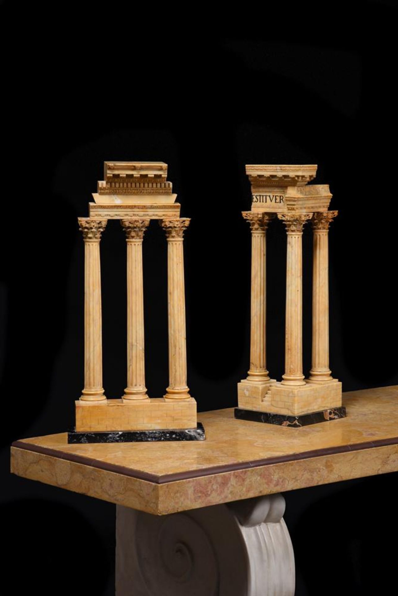 TWO GIALLO ANTICO MODELS OF THE TEMPLES OF VESPASIAN AND CASTOR AND POLLUX, ROME, 19TH CENTURY - Image 2 of 6