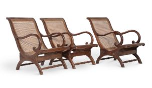 A SET OF FOUR HARDWOOD AND CANED GARDEN SEATS AND TWO STOOLS, LATE 20TH CENTURY