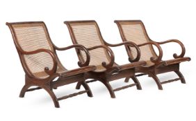 A SET OF SIX HARDWOOD AND CANED GARDEN SEATS AND TWO STOOLS, LATE 20TH CENTURY