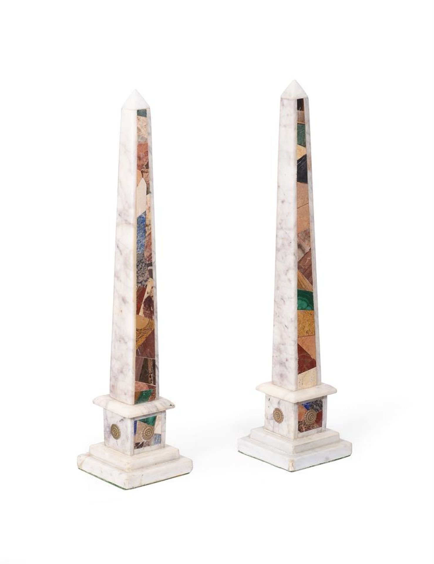 A PAIR OF SPECIMEN HARDSTONE SET AND GILT METAL MOUNTED OBELISKS, IN EARLY 19TH CENTURY STYLE