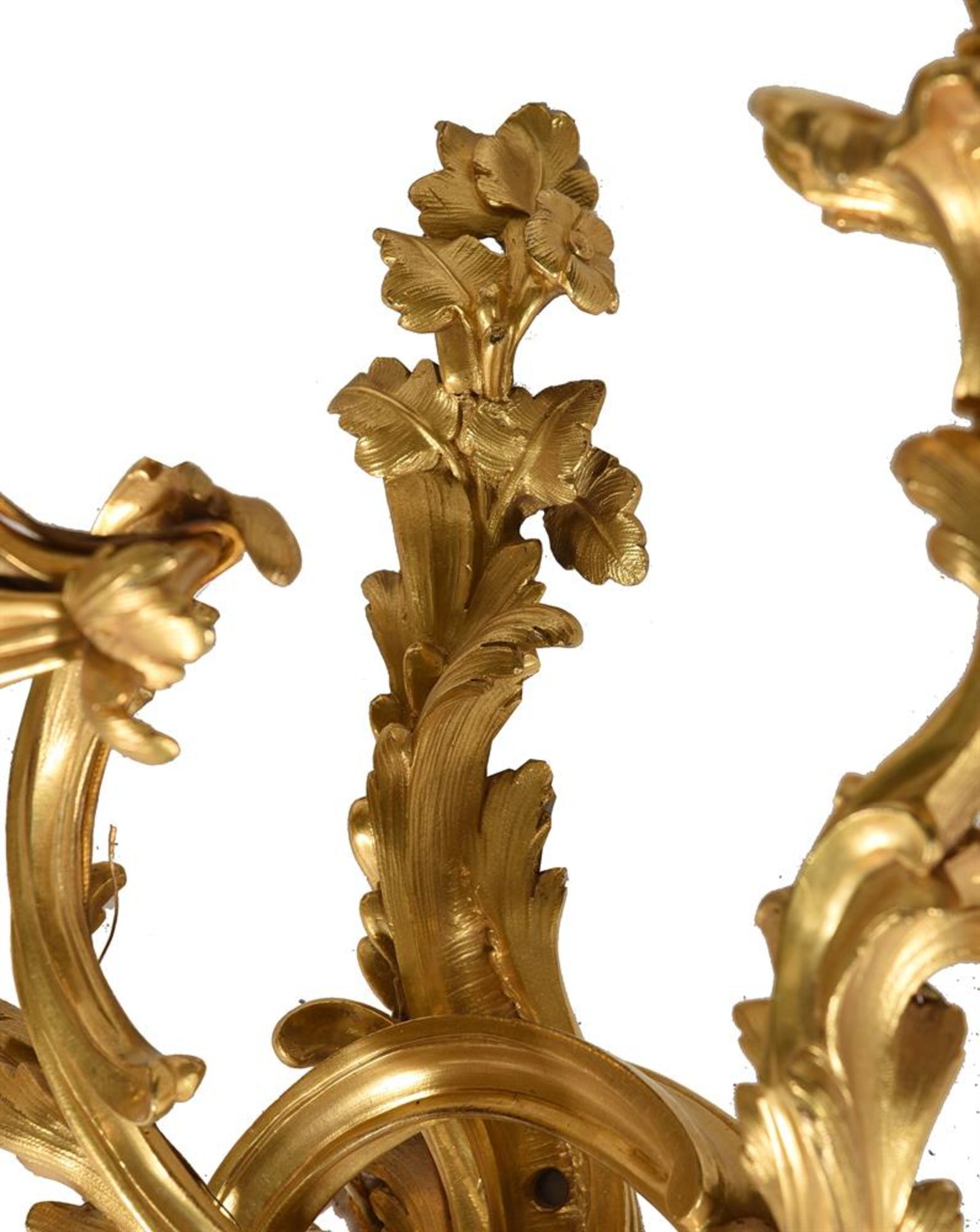 A NEAR SET OF FOUR LOUIS XV ORMOLU THREE BRANCH WALL LIGHTS, MID 18TH CENTURY - Image 7 of 7