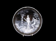 A RARE LIMOGES GRISAILLE AND GILT ENAMEL BOWL 'ADAM AND EVE EATING OF THE FORBIDDEN FRUIT'