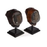 TWO JAPANESE LEATHER KENDO FENCING MASKS, EARLY 20TH CENTURY