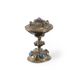 AN AUSTRO-GERMAN PARCEL GILT AND AGATE HISTORISMUS PEDESTAL CUP AND COVER, 19TH CENTURY