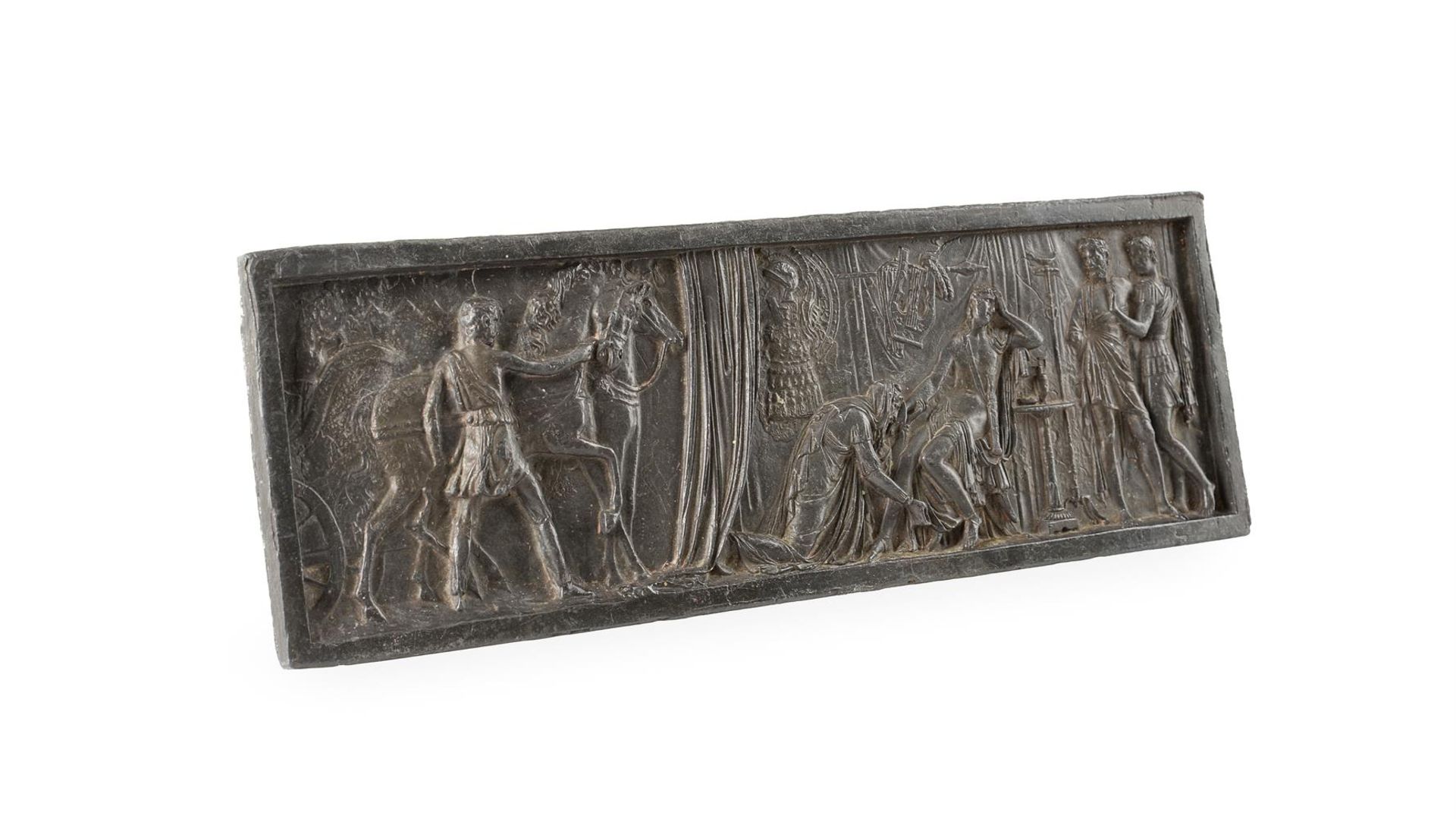 AFTER THE ANTIQUE, A LEAD RELIEF PANEL OF PRIAM KISSING THE HAND OF ACHILLES, PROBABLY ITALIAN