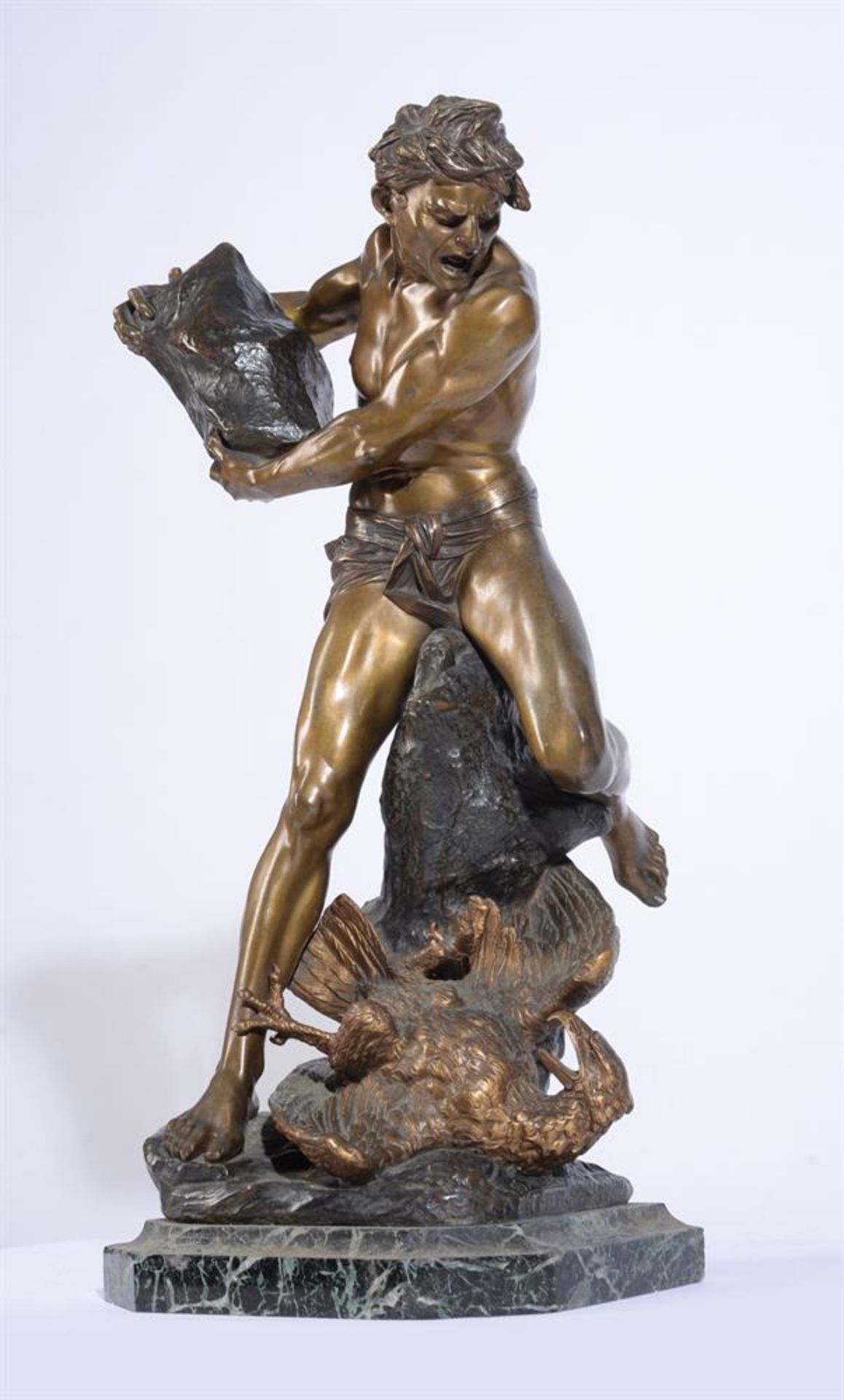 AFTER EDOUARD DROUOT (FRENCH, 1859-1945), A PART GILDED BRONZE FIGURE 'PROMETHEUS AND THE EAGLE' - Image 2 of 7