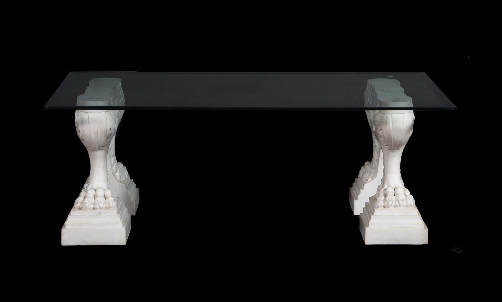 A PAIR OF WHITE MARBLE MONOPODIA TABLE SUPPORTS, AFTER THE ANTIQUE - Image 2 of 3