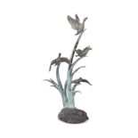 A LARGE VERDIGRIS AND PATINATED BRONZE WATER FEATURE DUCKS IN REEDS, CONTEMPORARY