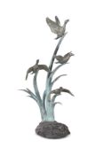 A LARGE VERDIGRIS AND PATINATED BRONZE WATER FEATURE DUCKS IN REEDS, CONTEMPORARY