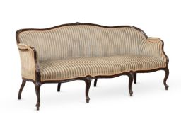 A MAHOGANY AND UPHOLSTERED SETTEE, IN GEORGE III FRENCH HEPPLEWHITE STYLE, 19TH CENTURY
