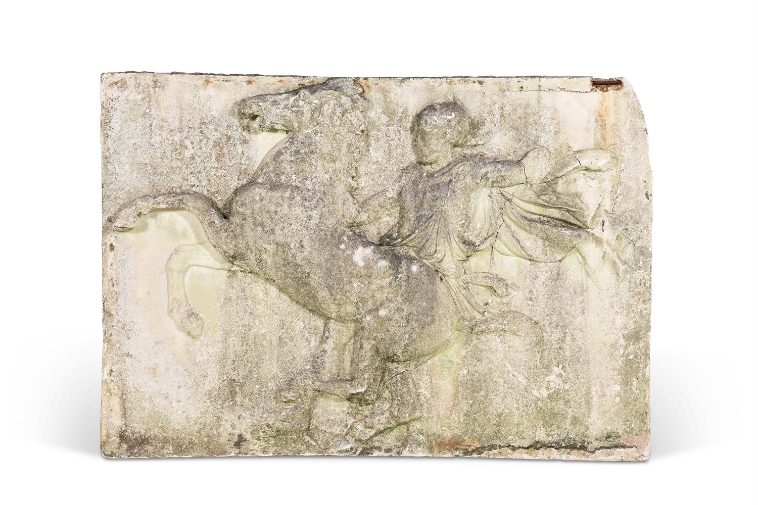 A FAUX MARBLE PANEL DEPICTING HORSEMAN FROM THE PARTHENON FRIEZE, 20TH CENTURY