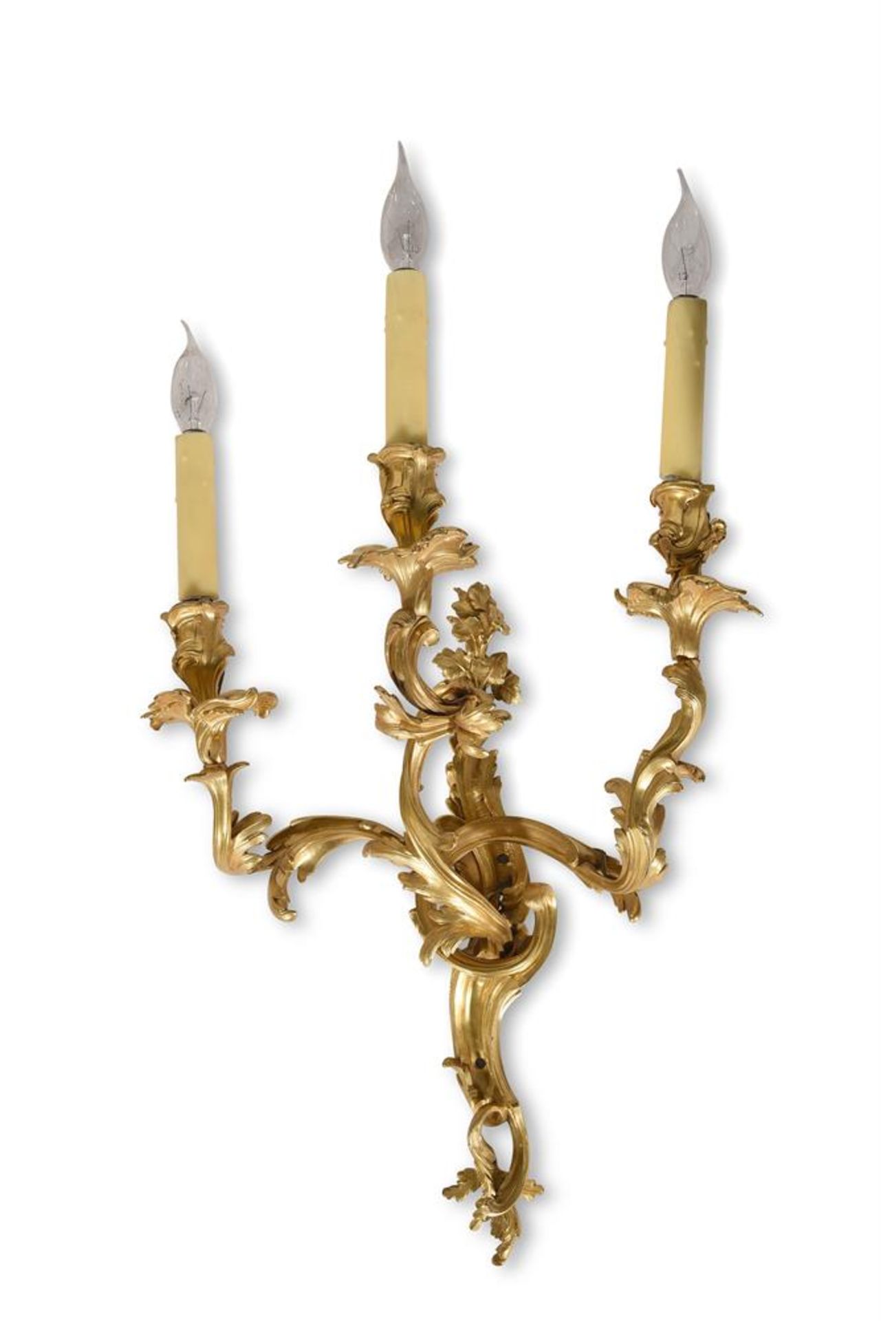 A NEAR SET OF FOUR LOUIS XV ORMOLU THREE BRANCH WALL LIGHTS, MID 18TH CENTURY - Image 3 of 7