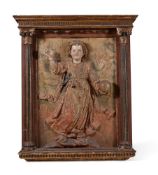A 17TH CENTURY CARVED, POLYCHROME PAINTED RELIEF PANEL 'SALVATOR MUNDI', PROBABLY SPANISH