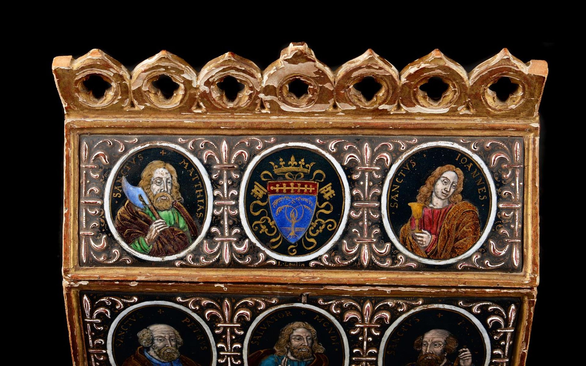 A GILTWOOD AND ENAMEL SET CHASSE OR CASKET, IN THE 16TH CENTURY LIMOGES MANNER - Image 6 of 8